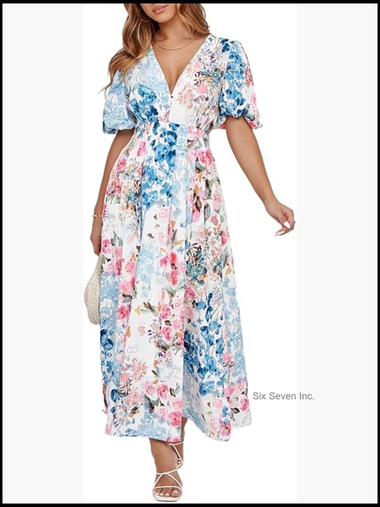 Women's Floral Maxi Dress Short Sleeve V-Neck A-Line Wedding Guest